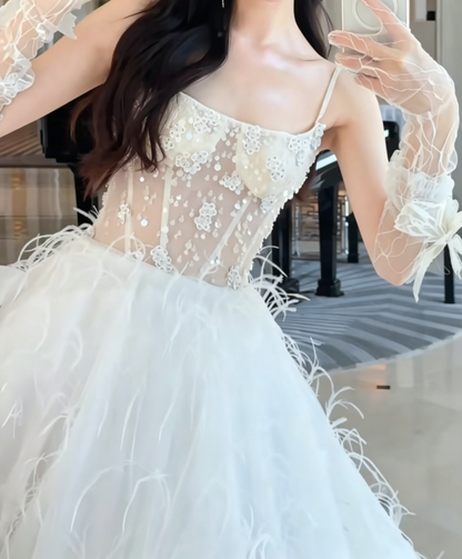 Trendy Spaghetti Straps Wedding Dress Feather Sequins A-Line Bridal Dress GG6537