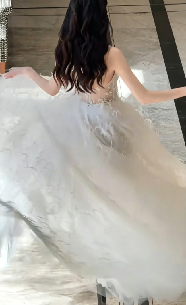 Trendy Spaghetti Straps Wedding Dress Feather Sequins A-Line Bridal Dress GG6537
