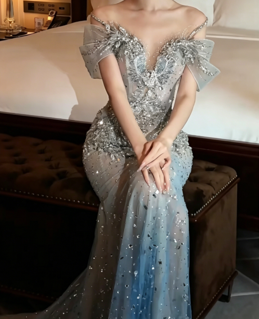 Luxurious Off-Shoulder Gradient Blue Prom Dress Rhinestones Beaded Mermaid Evening Dress GG6546