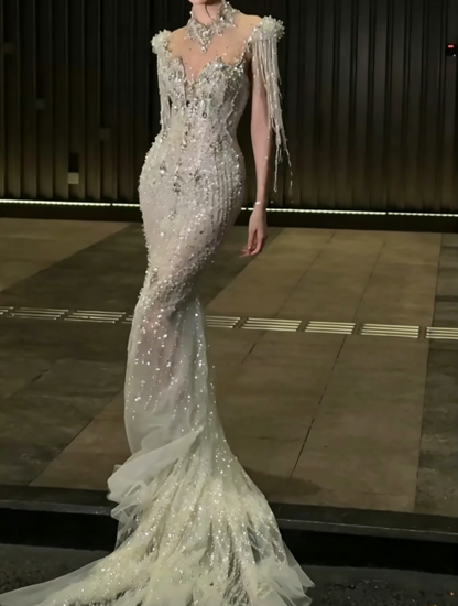 Sparkling High Collar Beaded Wedding Dress Tassel Sequins Mermiad Bridal Dress GG6547
