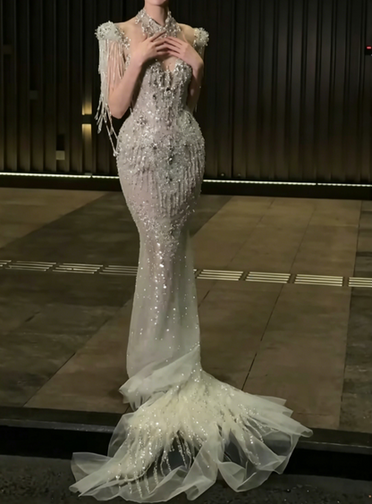 Sparkling High Collar Beaded Wedding Dress Tassel Sequins Mermiad Bridal Dress GG6547