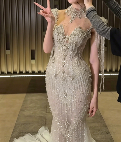 Sparkling High Collar Beaded Wedding Dress Tassel Sequins Mermiad Bridal Dress GG6547