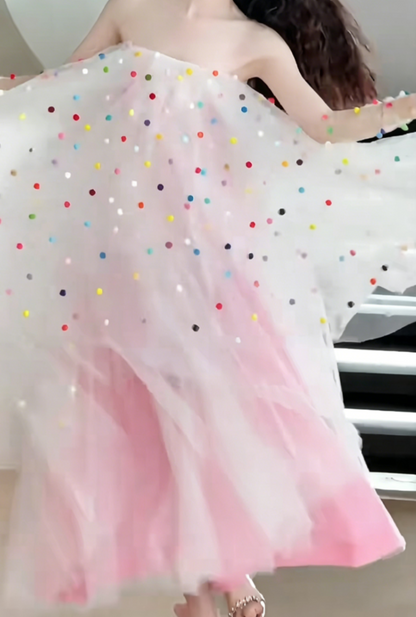 Playful Strapless Pink Prom Dress Tiered Tulle A-Line Evening Dress GG6550