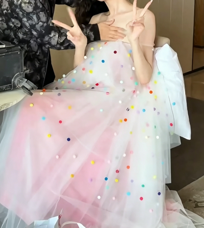 Playful Strapless Pink Prom Dress Tiered Tulle A-Line Evening Dress GG6550