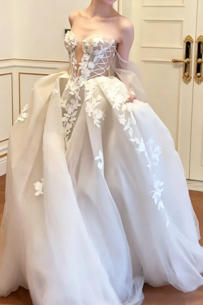 Unique Off-Shoulder Appliques Wedding Dress Long Sleeve Tulle A-Line Bridal Dress GG6556