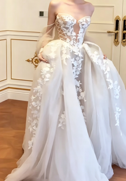 Unique Off-Shoulder Appliques Wedding Dress Long Sleeve Tulle A-Line Bridal Dress GG6556