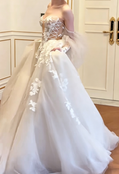 Unique Off-Shoulder Appliques Wedding Dress Long Sleeve Tulle A-Line Bridal Dress GG6556