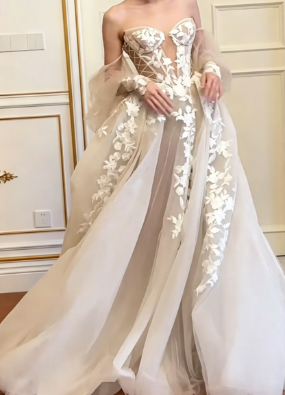 Unique Off-Shoulder Appliques Wedding Dress Long Sleeve Tulle A-Line Bridal Dress GG6556