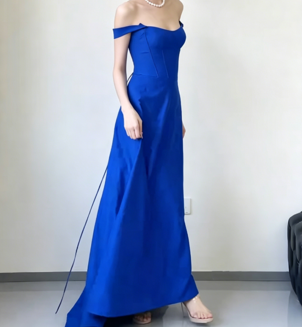 Simple Off-Shoulder Blue Prom Dress Long A-Line Evening Dress GG6563