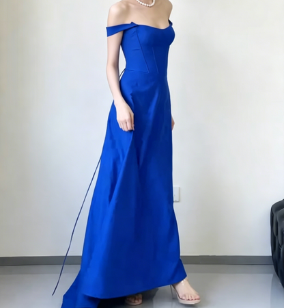 Simple Off-Shoulder Blue Prom Dress Long A-Line Evening Dress GG6563