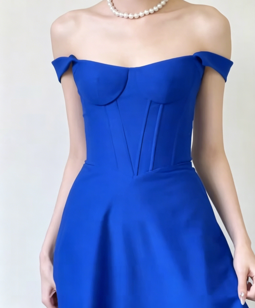 Simple Off-Shoulder Blue Prom Dress Long A-Line Evening Dress GG6563