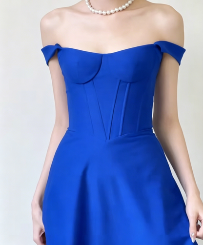 Simple Off-Shoulder Blue Prom Dress Long A-Line Evening Dress GG6563