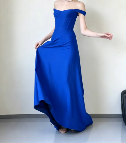 Simple Off-Shoulder Blue Prom Dress Long A-Line Evening Dress GG6563