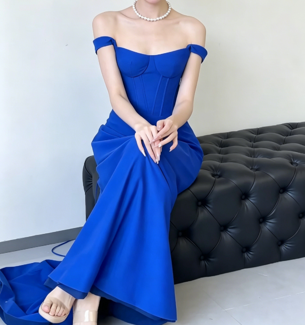 Simple Off-Shoulder Blue Prom Dress Long A-Line Evening Dress GG6563