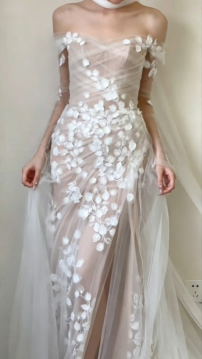Alluring Off-Shoulder High Slit Wedding Dress Long Sleeve Appliques Mermiad Bridal Dress GG6565