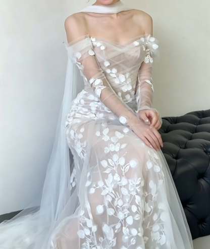 Alluring Off-Shoulder High Slit Wedding Dress Long Sleeve Appliques Mermiad Bridal Dress GG6565