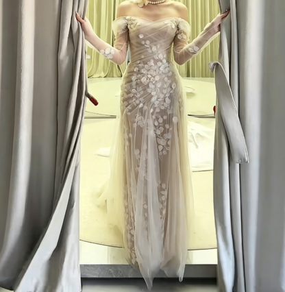 Alluring Off-Shoulder High Slit Wedding Dress Long Sleeve Appliques Mermiad Bridal Dress GG6565