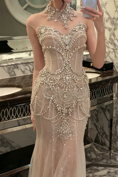 Unique High Collar Beaded Wedding Dress Pearls Sequins Mermiad Bridal Dress GG6567