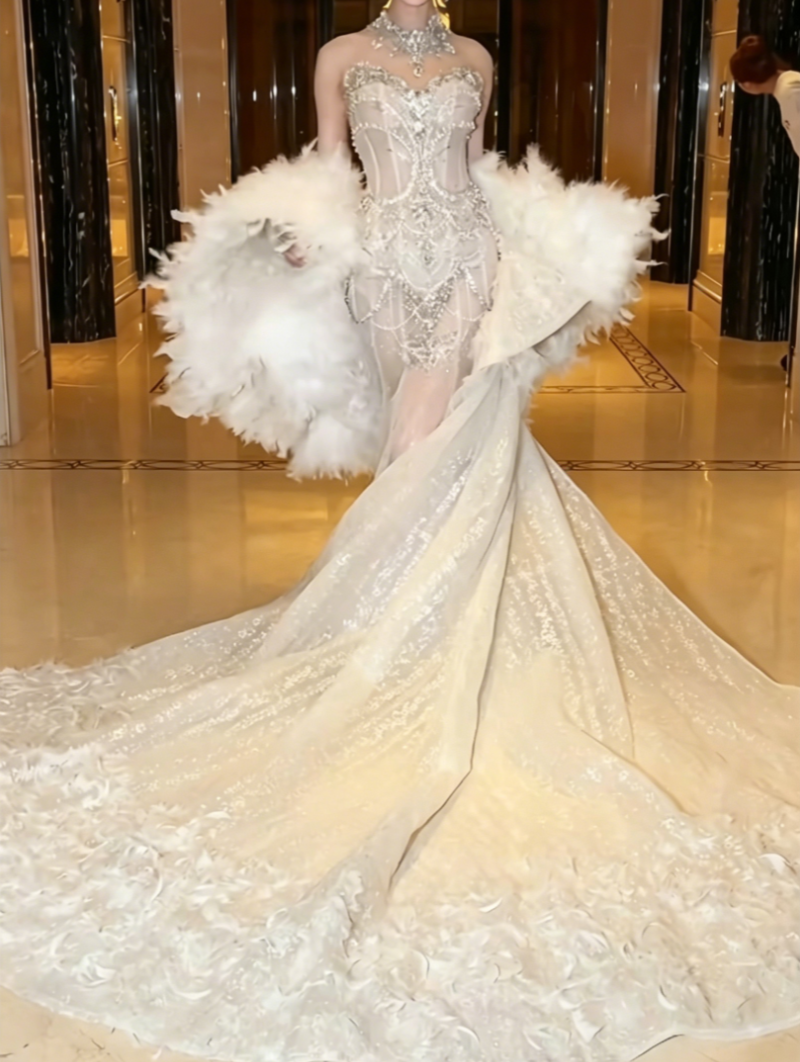 Unique High Collar Beaded Wedding Dress Pearls Sequins Mermiad Bridal Dress GG6567