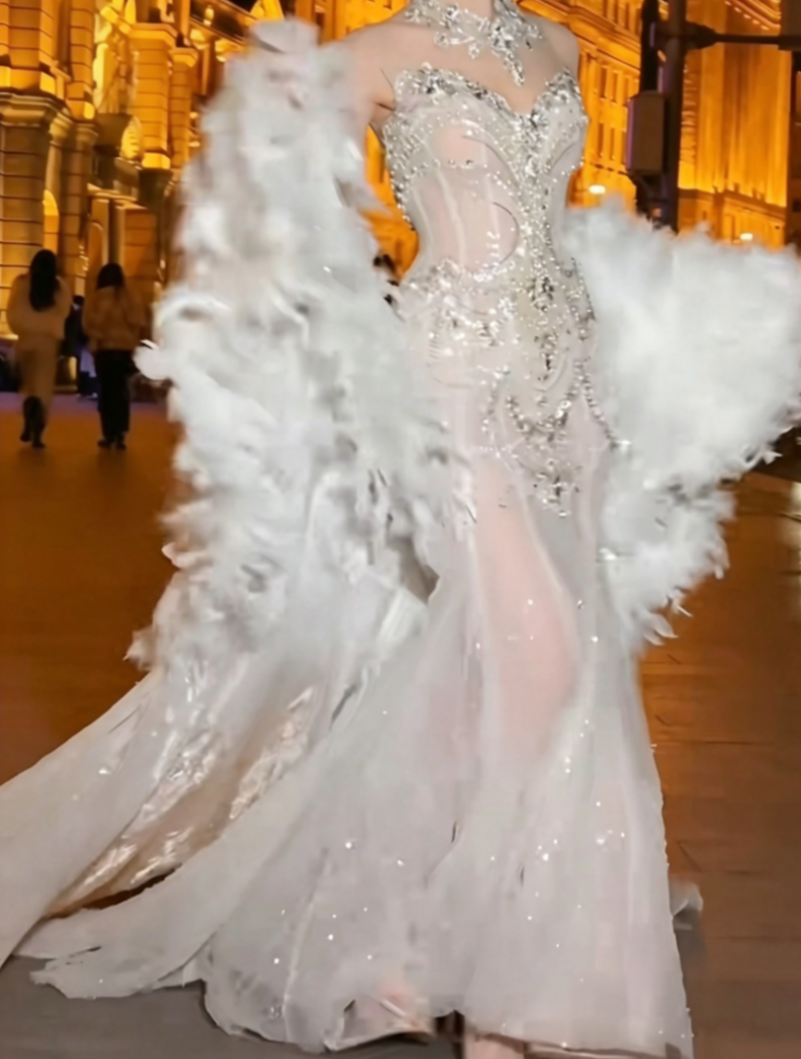 Unique High Collar Beaded Wedding Dress Pearls Sequins Mermiad Bridal Dress GG6567