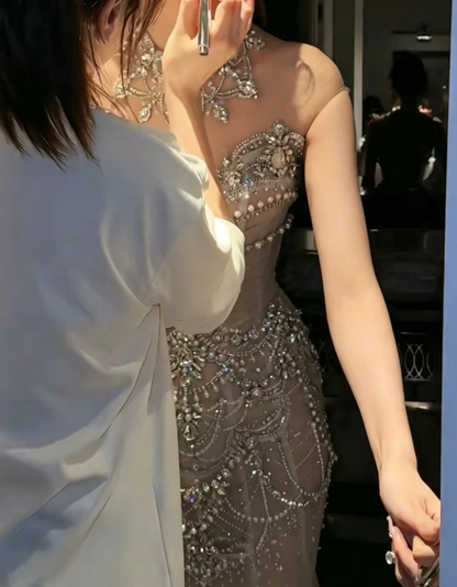 Unique High Collar Beaded Wedding Dress Pearls Sequins Mermiad Bridal Dress GG6567
