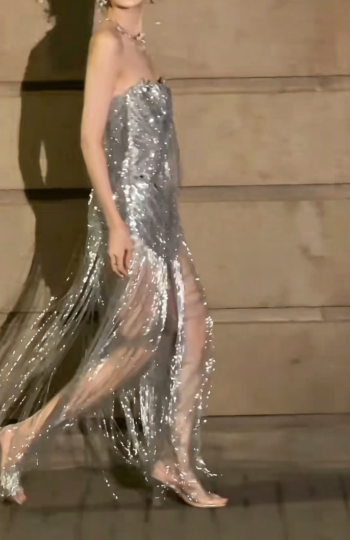 Glittering Strapless Silver Prom Dress Sequins Tassel Mermaid Evening Dress GG6568