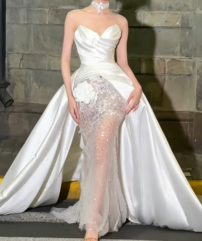 Romantic Strapless Satin Wedding Dress Handmade Flower Beaded A-Line Bridal Dress GG6569