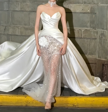 Romantic Strapless Satin Wedding Dress Handmade Flower Beaded A-Line Bridal Dress GG6569