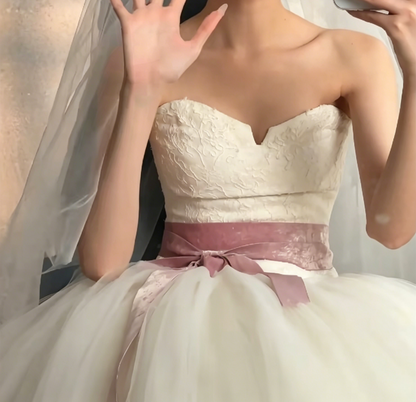 Vintage Strapless Bodice Wedding Dress Long Tulle A-Line Bridal Dress GG6579