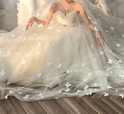 Vintage Strapless Bodice Wedding Dress Long Tulle A-Line Bridal Dress GG6579