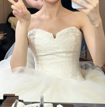 Vintage Strapless Bodice Wedding Dress Long Tulle A-Line Bridal Dress GG6579