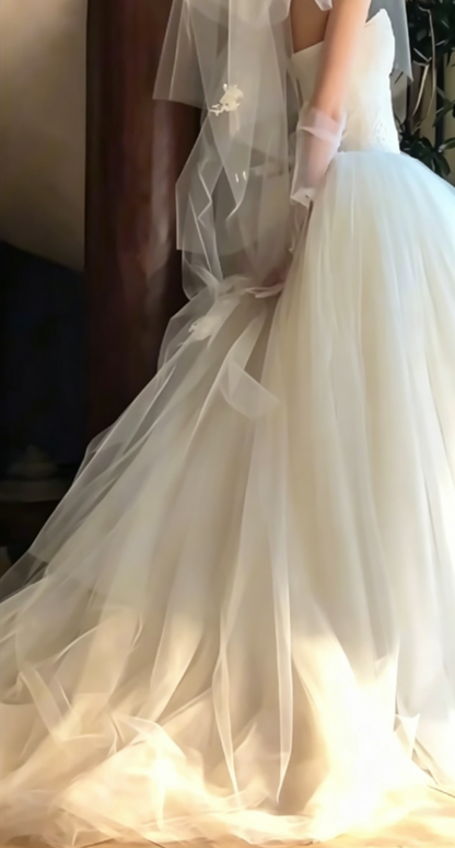 Vintage Strapless Bodice Wedding Dress Long Tulle A-Line Bridal Dress GG6579