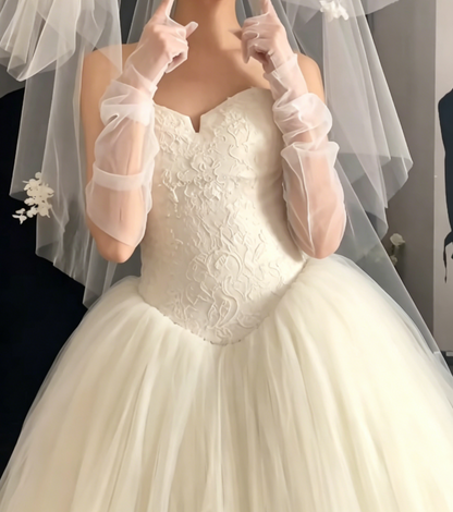 Vintage Strapless Bodice Wedding Dress Long Tulle A-Line Bridal Dress GG6579