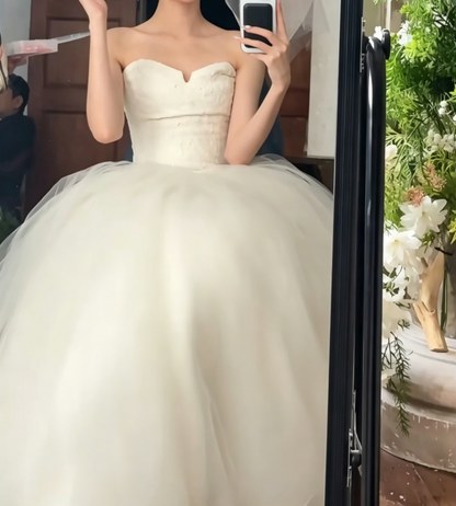 Vintage Strapless Bodice Wedding Dress Long Tulle A-Line Bridal Dress GG6579