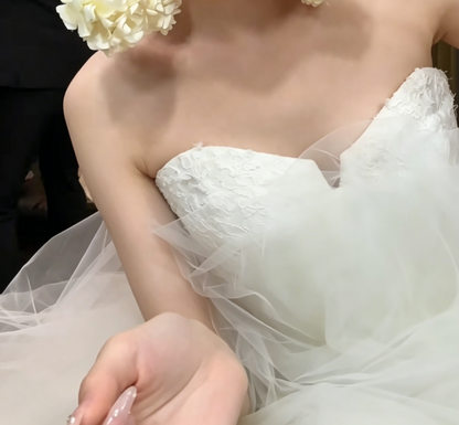 Vintage Strapless Bodice Wedding Dress Long Tulle A-Line Bridal Dress GG6579