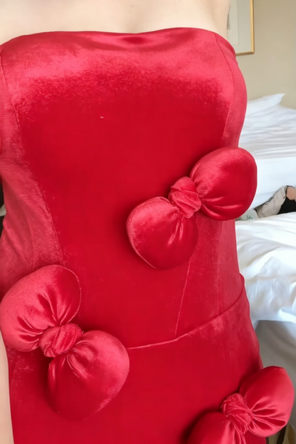 Playful Strapless Red Prom Dress Bows Mermaid Evening Dress GG6580
