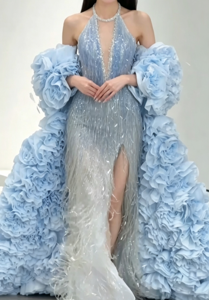 Glittering Halter Neck Slit Blue Prom Dress Sequins Tassel Beaded Mermaid Evening Dress GG6589