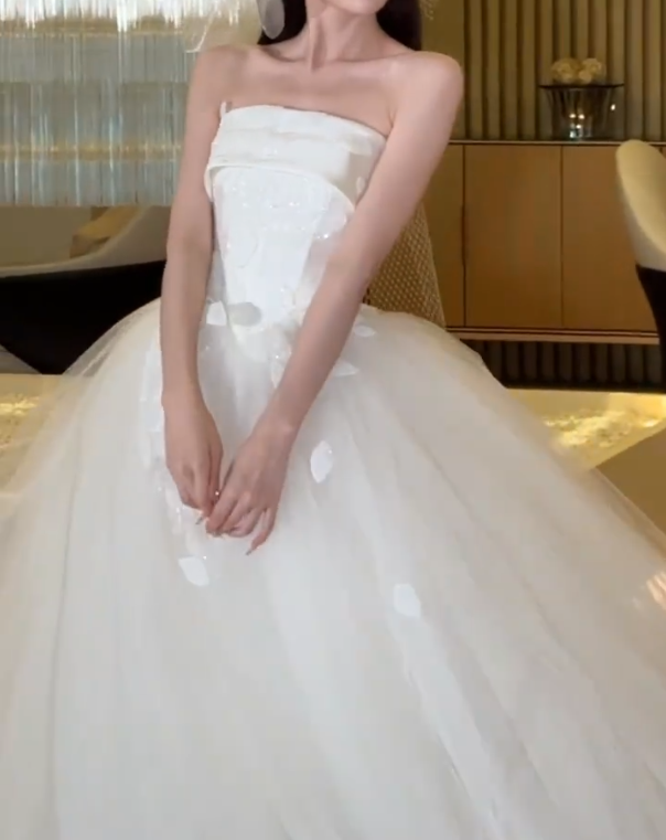 Trendy Strapless Wedding Dress Appliques Tulle A-Line Bridal Dress GG6597