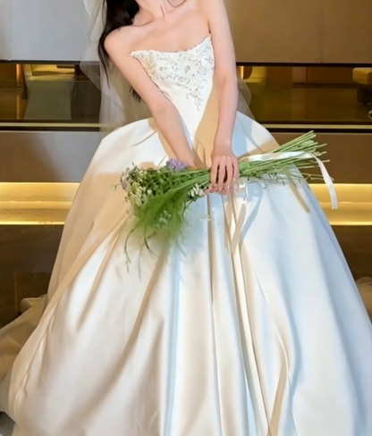 Chic Strapless Wedding Dress Beaded Satin A-Line Bridal Dress GG6598