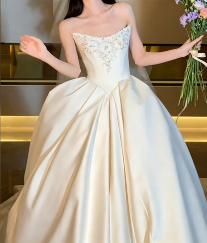 Chic Strapless Wedding Dress Beaded Satin A-Line Bridal Dress GG6598