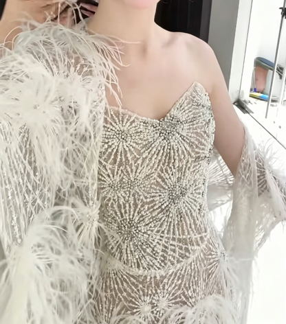 Playful Strapless Beaded Wedding Dress Feather A-Line Bridal Dress GG6607
