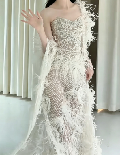 Playful Strapless Beaded Wedding Dress Feather A-Line Bridal Dress GG6607