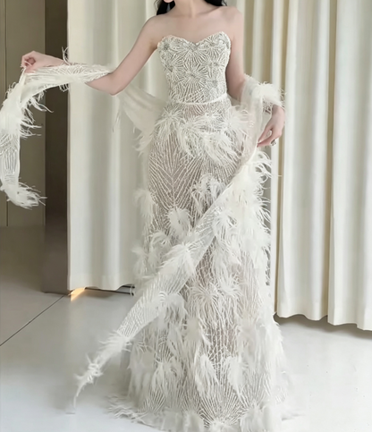 Playful Strapless Beaded Wedding Dress Feather A-Line Bridal Dress GG6607