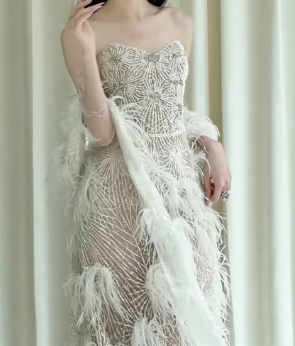 Playful Strapless Beaded Wedding Dress Feather A-Line Bridal Dress GG6607