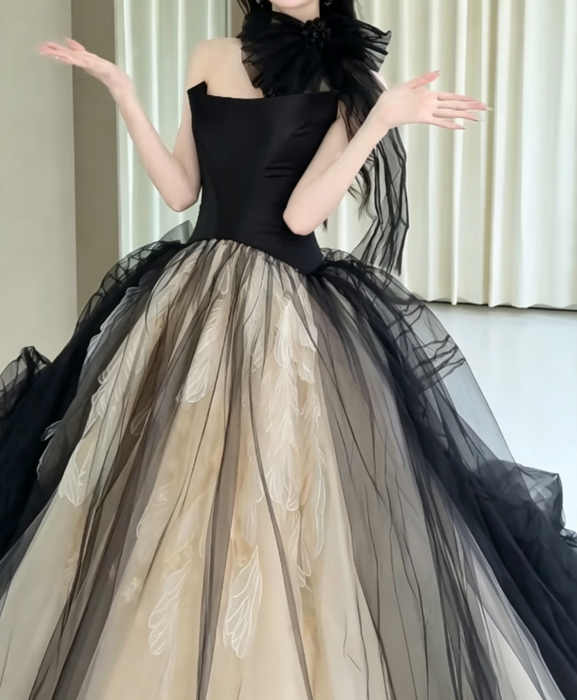 Vintage Strapless Black Prom Dress Tulle A-Line Evening Dress GG6611