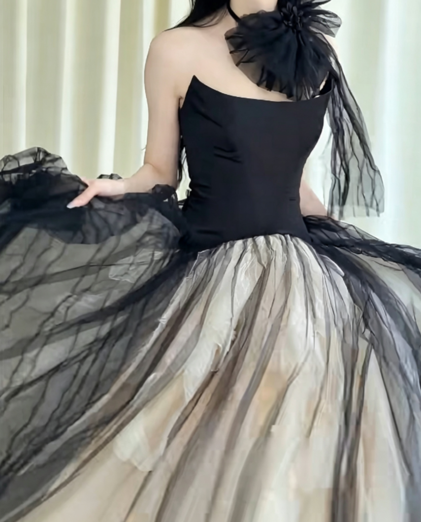 Vintage Strapless Black Prom Dress Tulle A-Line Evening Dress GG6611