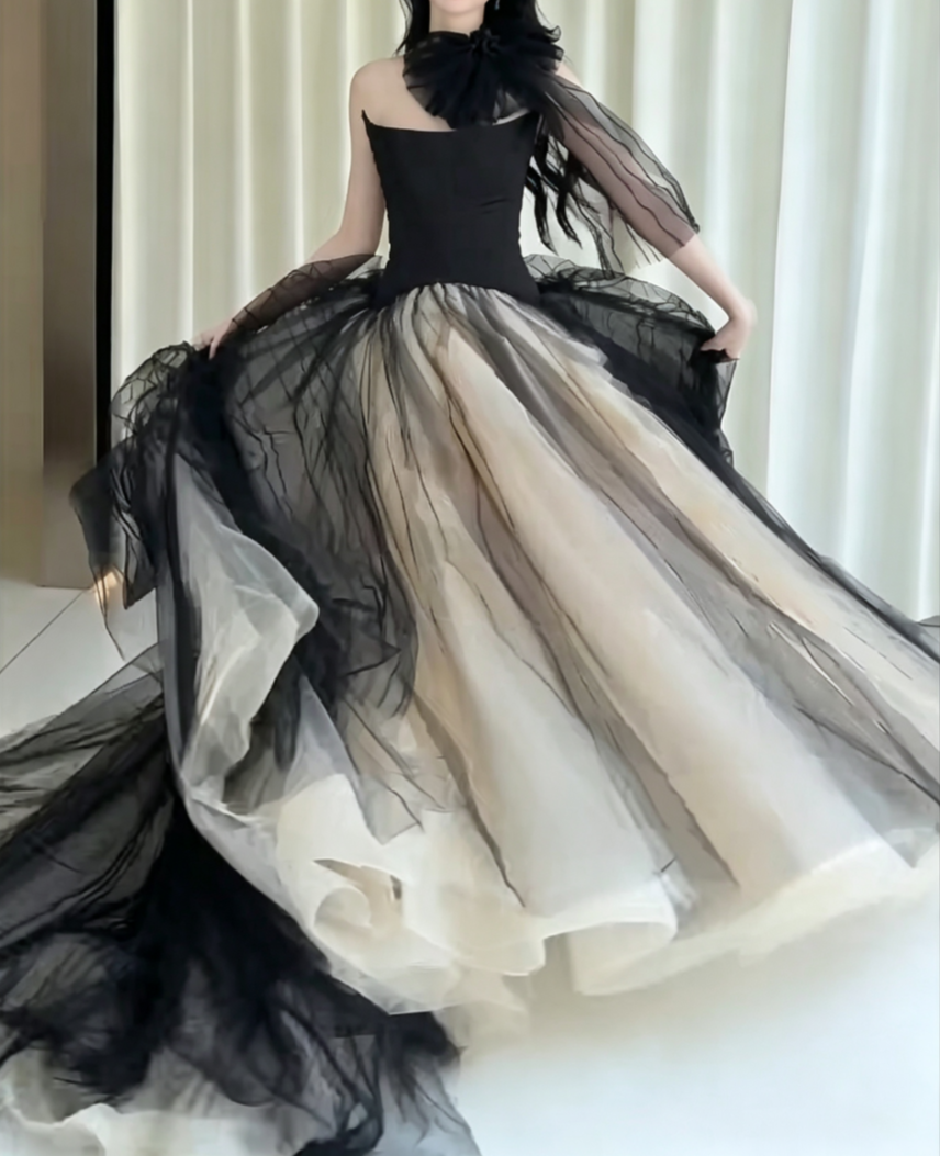 Vintage Strapless Black Prom Dress Tulle A-Line Evening Dress GG6611