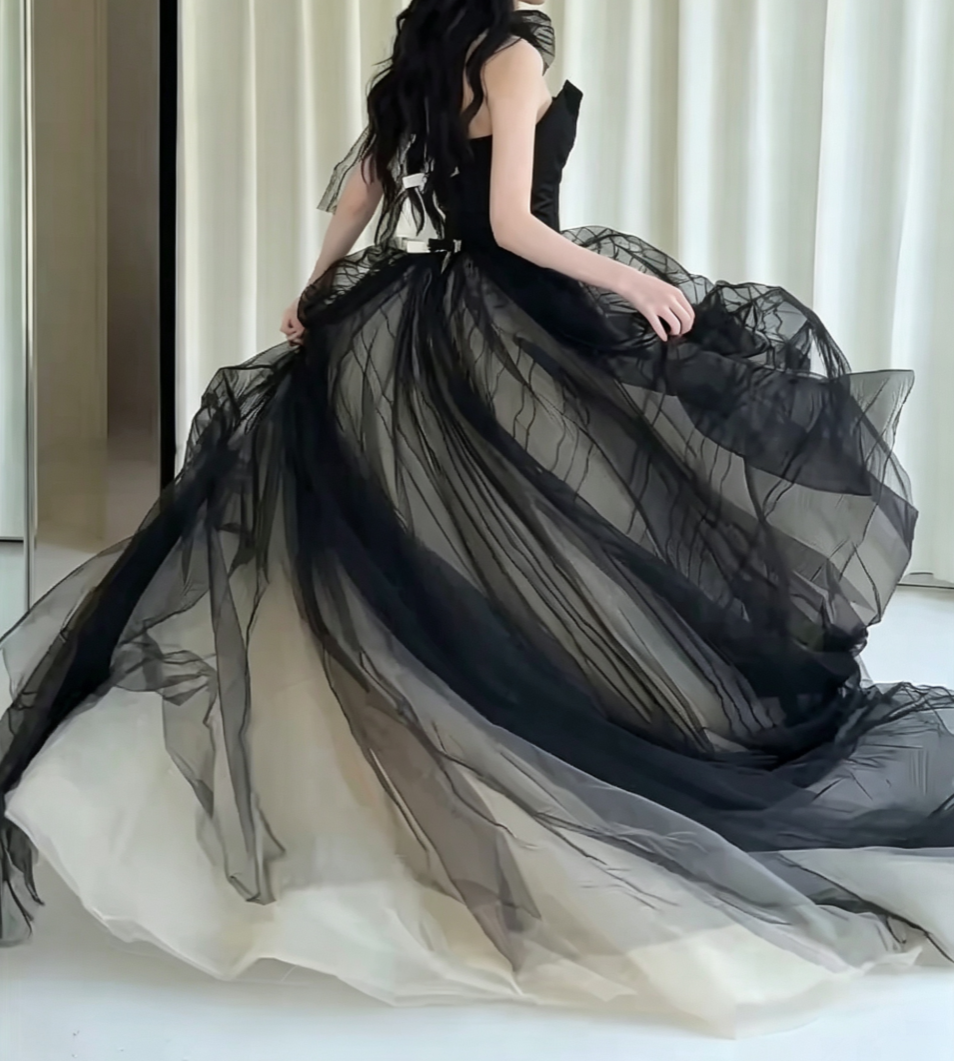 Vintage Strapless Black Prom Dress Tulle A-Line Evening Dress GG6611
