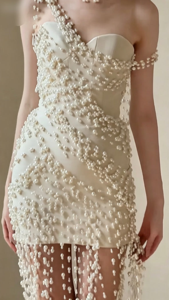 Playful One Shoulder Ivory Homecoming Dress Beading Tassel Sheath Birthday Dress GG6612