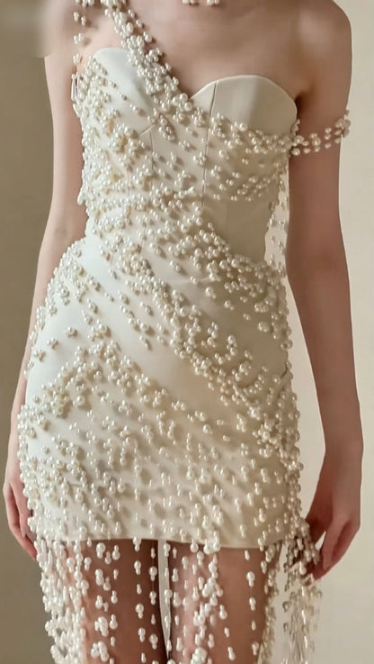 Playful One Shoulder Ivory Homecoming Dress Beading Tassel Sheath Birthday Dress GG6612